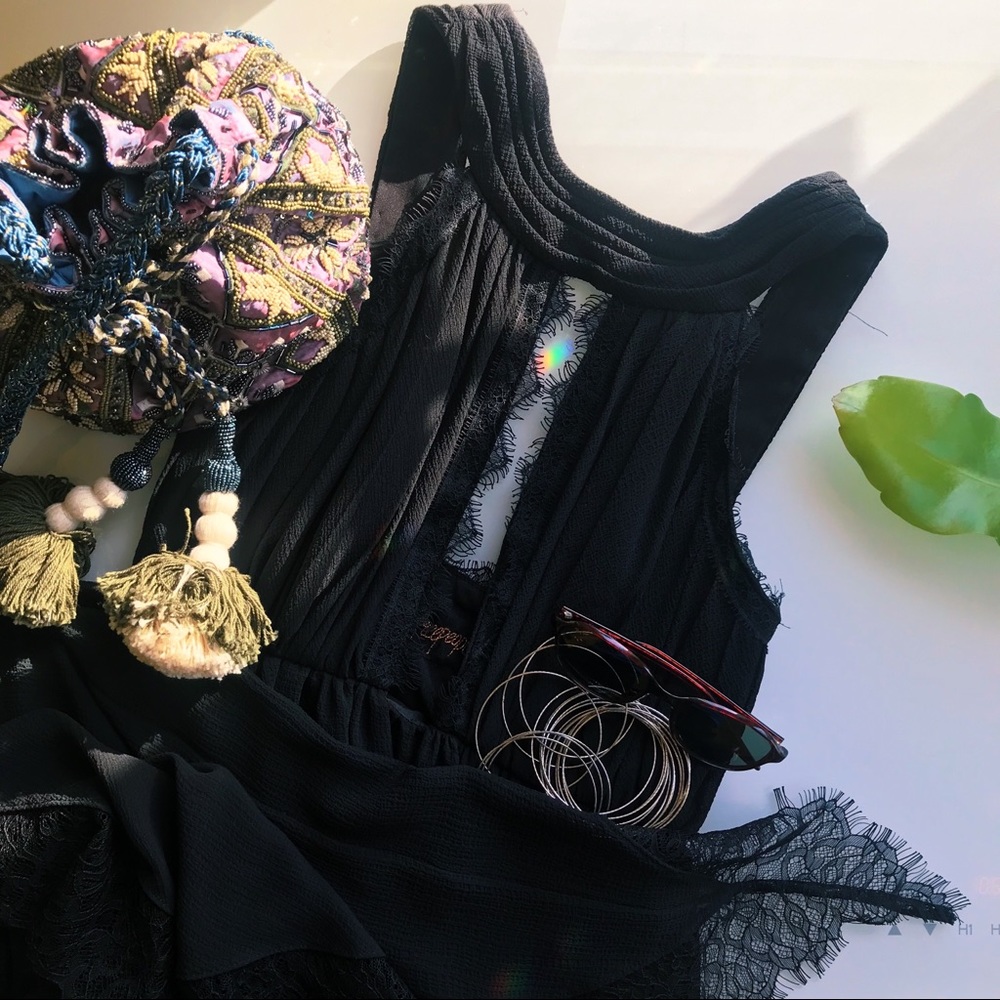 Free People Asymmetrical Long Black Lace Dress